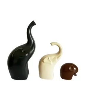 Decorative Elephant Ceramic Figurines set of 3 Black Brown and Off White